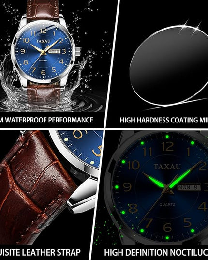 Mens Leather Watch Large Face Classic Quartz Mens Analog Watches Luxury Dress Watches for Men Waterproof Men's Wrist Watch Easy Read with Date Number Dial Relojes para Hombre