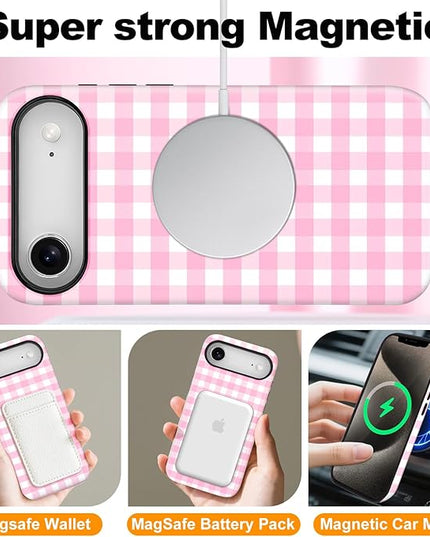 Magnetic for iPhone 17 Air Case Cute Checkered Stripes Phone Case for Women Girls, Shockproof Slim TPU and Hard PC Protective Phone Cover Compatible with MagSafe Designed, Pink