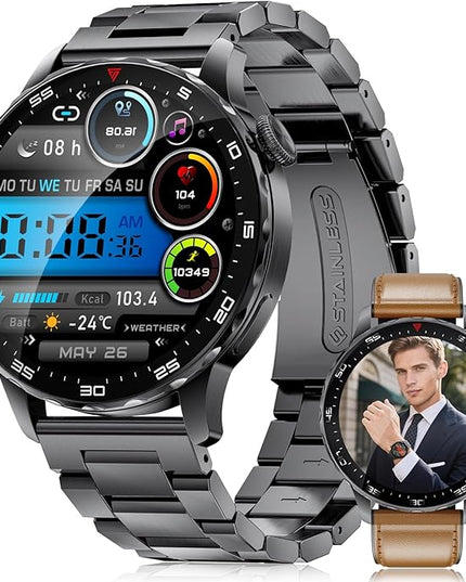 Smartwatch for Men Compatible Android iOS,Fitness Tracker Bluetooth Calling with 100+ Sports Modes,Heart Rate/Sleep Monitor,1.43" AMOLED Display Screen IP68 Waterproof,2 Bands Included 750mAh Battery