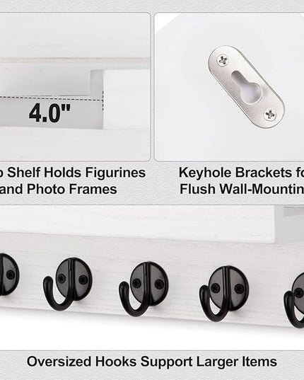 Lwenki Key Holder Wall Mount, Entryway Key and Mail Holder with 7 Sturdy Hooks for Sunglasses, Dog Leash, Decorative Wall Shelf with Mounting Hardware, 15”W x 6.7”H x 4.2”D (White)