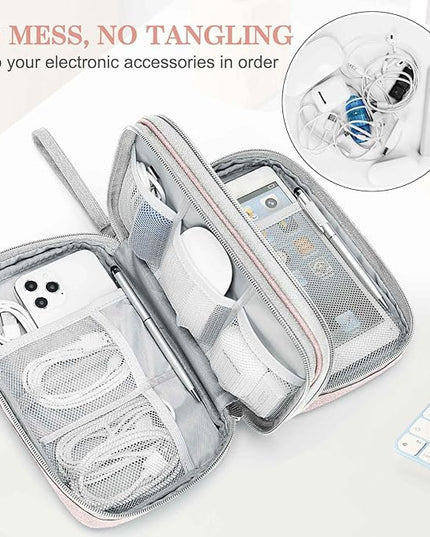 FYY Electronic Organizer, Large Travel Cable Organizer Bag Pouch Electronic Accessories Carry Case Portable Waterproof Double Layers All-in-One Storage Bag for Cable, Cord, Charger, Phone, Light Pink