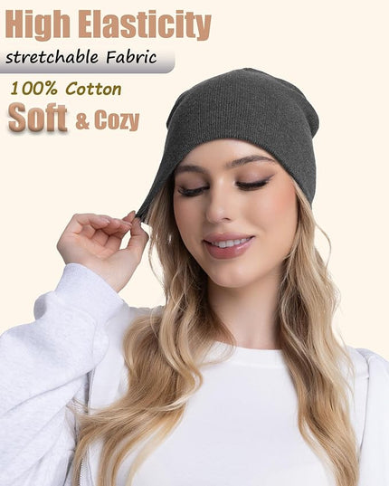 choshion 100% Cotton Beanie Hat, Cuffless Beanies Warm Knit Winter Skull Cap, Unisex Soft Fisherman Hats for Women Men