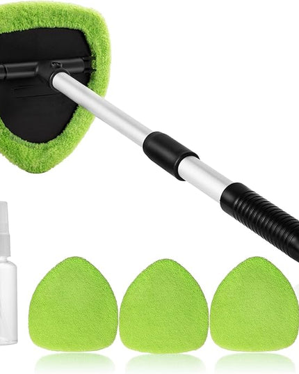 11pcs Windshield Cleaner Tool, Car Window Cleaning Wash Kit with 6 Reusable Microfiber Pads 2 Spray Bottles and Extendable Handles Auto Glass Wiper Kit, Green