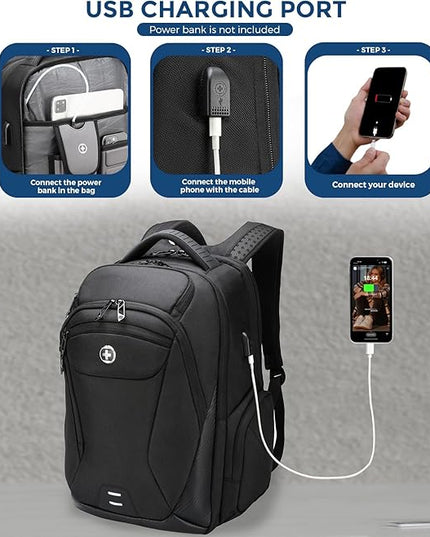 Swissdigital Design Men's Laptop Backpack for College and Business Travel with Integrated USB Charging Port and RFID Protection Fits Laptops up to 15.6 Inch, Black | SD1695-01