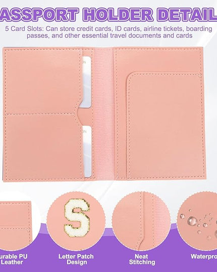 PATIKIL Passport Holder for Travel, Initial Passport Cover and Luggage Tag Set with Alphabet Chenille Letter Patch Travel Wallet Bag Suitcase Identifier for Women Family Travel Pink S