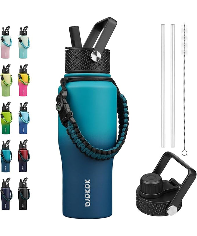 BJPKPK Insulated Water Bottles with Straw Lid, 23oz Metal Water Bottle with 2 lids & Paracord Strap, Double Wall Stainless Steel Vacuum Tumblers, Cups, Mugs, Thermo for Hot& Cold Drinks, Sea