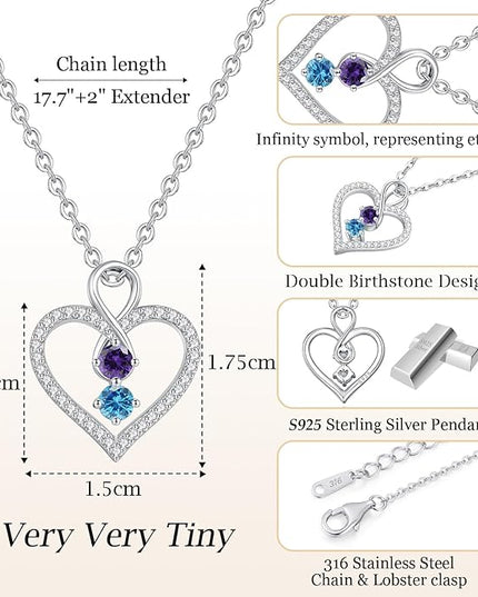 LOUISA SECRET Infinity Double Birthstone Necklace, 925 Sterling Silver Tiny Pendant Heart Necklace for Women Wife Her, Best Jewelry Gift Heart Jewelry Meaningful Gift for Valentine's Day, Christmas, Birthday Anniversary