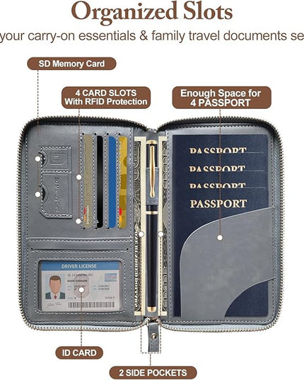 Passport Holder for Travel Women and Men RFID Passport Holder with Card Slots Holder Passport Case Passport cover Passport Wallet Travel Essentials and Accessories (Zipper, Grey Zipper)