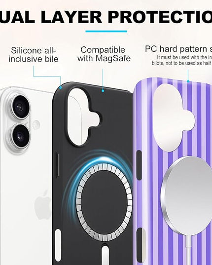 Magnetic for iPhone 17 Case Cute Stripes Phone Case, Shockproof Slim TPU and Hard PC Protective Phone Cover Compatible with MagSafe Designed for Women Girls, Light Purple