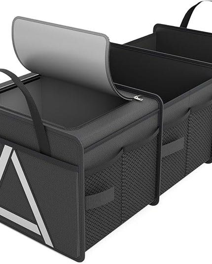 K KNODEL Sturdy Car Trunk Organizer with Premium Insulation Cooler Bag, 3 Compartments Heavy Duty Collapsible for Car, SUV, Truck, or Van (Medium, Black)