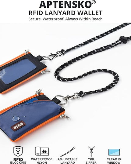 RFID Travel Wallet with Adjustable Lanyard-Zipper Small Wallet with ID Card Holder, Keychain for women&men-Minimalist Slim Waterproof Nylon case for ID, Cash, Key (Navy+Black)