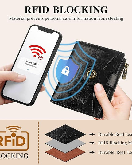 Blucoay Womens Wallet,RFID Blocking Wallet Women Soft Leather Bifold Small Wallets For Women Card Holder With Removable ID Window(black)