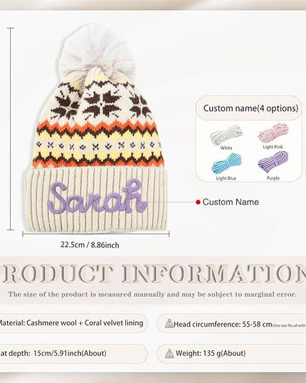 Personalized Beanie for Women Custom Knit with Name, Winter Hat with Pom Pom, Soft Lined Warm Hat, Birthday Gift