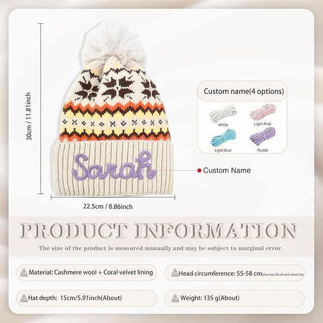 Personalized Beanie for Women Custom Knit with Name, Winter Hat with Pom Pom, Soft Lined Warm Hat, Birthday Gift