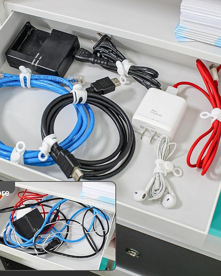48Pcs Cord Organizer Kit, Reusable Elastic Silicone Cable Ties, Strong Adhesive Cable Clips for Cable Management, Multipurpose Wire Management for Bundling and Fastening Various Wires (Black）