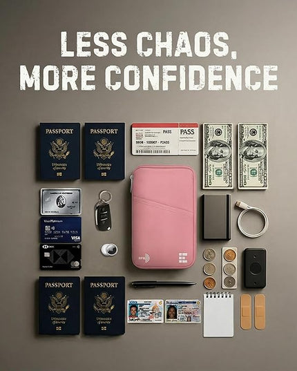 Zero Grid Family Passport Holder for Up to 6 Passports, Large Travel Document Organizer Wallet with 7 RFID Blocking Sleeves for Anti-Theft Protection - Rose Pink