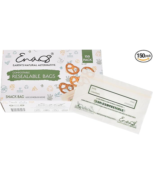 100% Compostable Food Storage Bags [Snack 150 Pack] Eco-Friendly Freezer Bags, Resealable Bags, Heavy-Duty, Reusable, Off-White by Earth's Natural Alternative