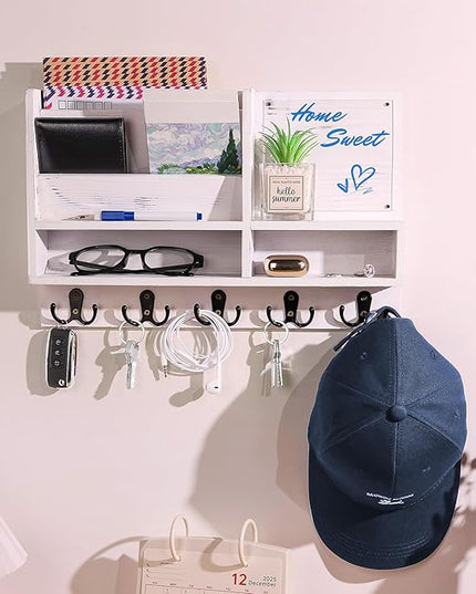 ClyraStor Key Holder Wall Mount, Mail Organizer Wall Mounted, Solid Wood Key Holder for Wall Living Room Entryway Home Decor, with 10 Key Hooks, Shelf, Marker Pen, 2 Installation Methods, 15" x 10"