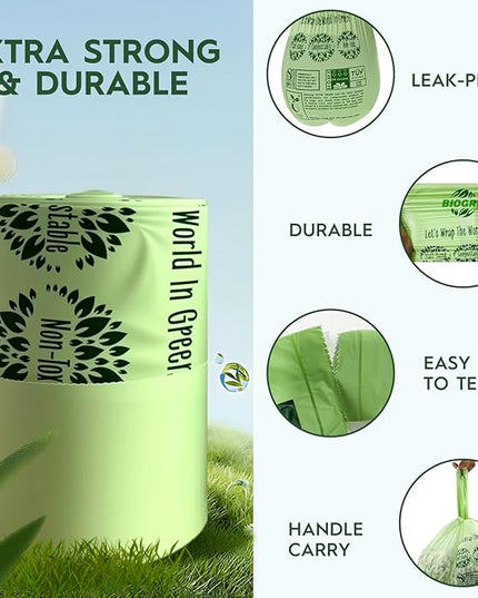 Compostable Trash Bags 1.2-1.6 Gallon Handle Tie 50 Count 0.6 Mil 6.06 Liter Small Compost Bags for Countertop Bin Biodegradable Bags Green for Kitchen ASTM D6400 & BPI Certified, OK Compost Home
