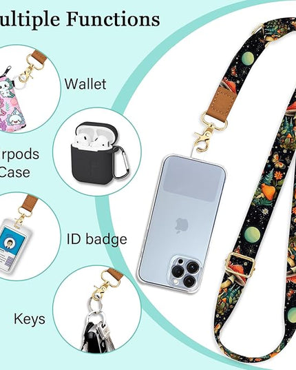 Phone Lanyard Crossbody Wrist Strap, Cute Mushroom Cell Phone Lanyards for Around the Neck Wristlet Shoulder, Adjustable Strap for Car Keys Keychain Wallet ID Badge Black