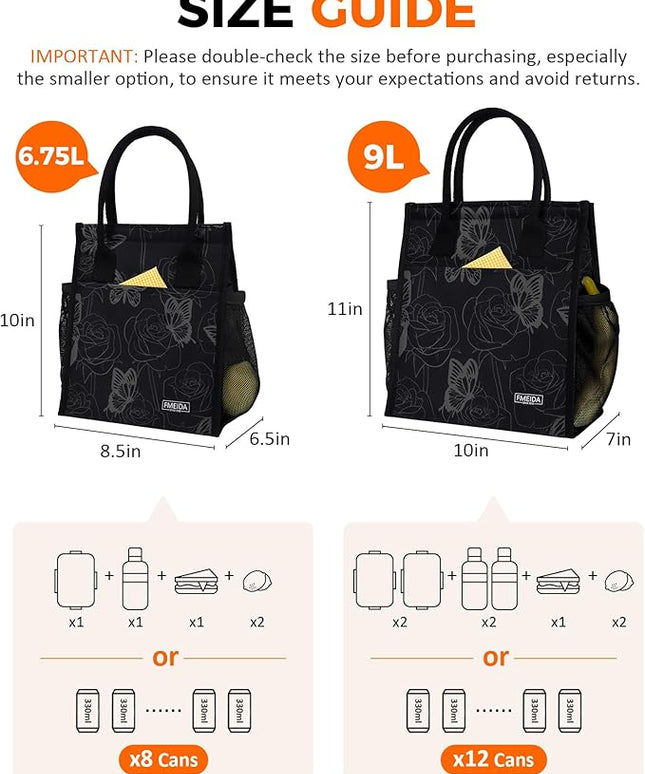 Fmeida Insulated Lunch Bag Women, 6.75L Small Lunch Bags with Multiple Pockets, Reusable Thermal Cooler Tote for Work, Office, Picnic, Travel | Hook and Loop Closure, Butterfly