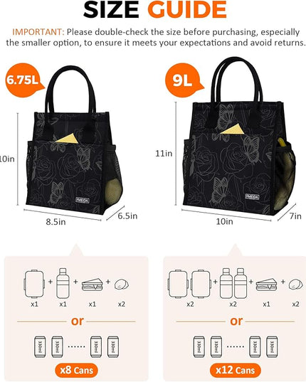 Fmeida Insulated Lunch Bag Women, 9L Large Lunch Bags with Multiple Pockets, Reusable Thermal Cooler Tote for Work, Office, Picnic, Travel | Hook and Loop Closure, Butterfly