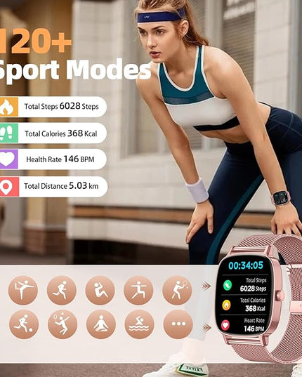 Smart Watch for Women, Answer/Make Call,1.85'' Ultra-Clear Screen Fitness Tracker with Heart Rate/Sleep/SpO2 Monitor,Smartwatch for iPhone/Samsung/Android,120+ Sport Modes,IP68 Waterproof with 2 Bands