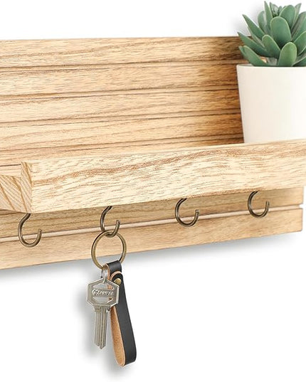 Lwenki Decorative Key Holder for Wall with Shelf, Entryway Shelf with Hooks Holds Leashes, Jackets and Glasses – Sturdy Wood Keyholder Entrance Hanger with Mounting Hardware (Wood, Medium)
