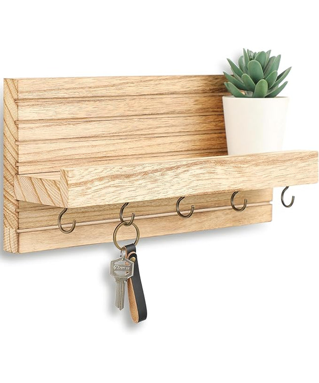 Lwenki Decorative Key Holder for Wall with Shelf, Entryway Shelf with Hooks Holds Leashes, Jackets and Glasses – Sturdy Wood Keyholder Entrance Hanger with Mounting Hardware (Wood, Medium)
