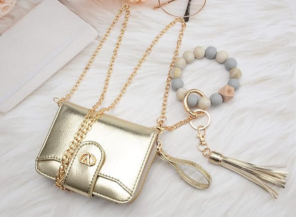 Multi-Purpose Wallet High Capacity Card Holder Zipper Coin Purse with Wristlet Bracelet Keychain Silicone Beaded Bangle Key Ring