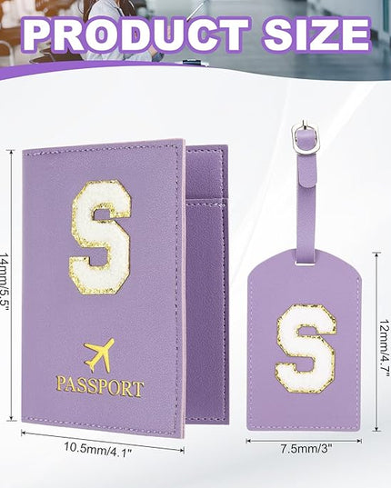 PATIKIL Passport Holder for Travel, Initial Passport Cover and Luggage Tag Set with Alphabet Chenille Letter Patch Travel Wallet Bag Suitcase Identifier for Women Family Travel Purple S