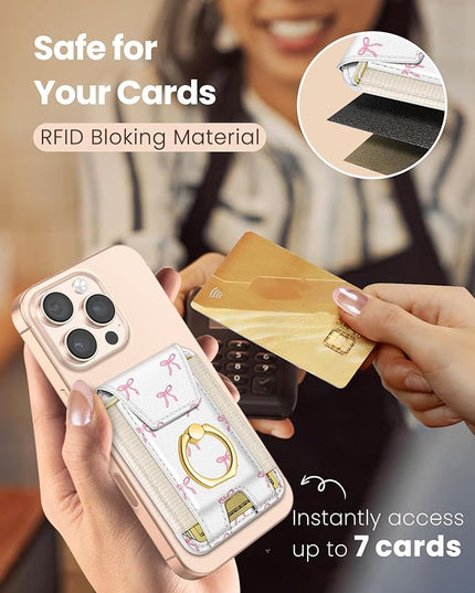 Shorogyt Compatible with Magsafe Wallet with Ring Grip Magnetic Card Holder - Cute Phone Wallets with Stand for iPhone 17/16/15/14/13/12 Series for Women Girls Bow Design, Fit 7 Cards