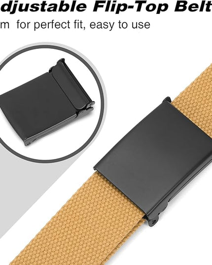 WHIPPY Canvas Web Belt Flip-Top Solid Black Military Buckle Fully Adjustable Mens Webbing Belts Cut To Fit