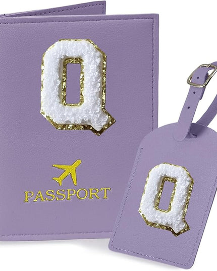 COSHAYSOO Purple Initial Passport Cover Holder and Luggage Tag Set TSA Approved with Chenille Letter Patch for Women Teenage Girls, Fashion Travel Bag Backpacks Suitcase Identifier Markers (Q)