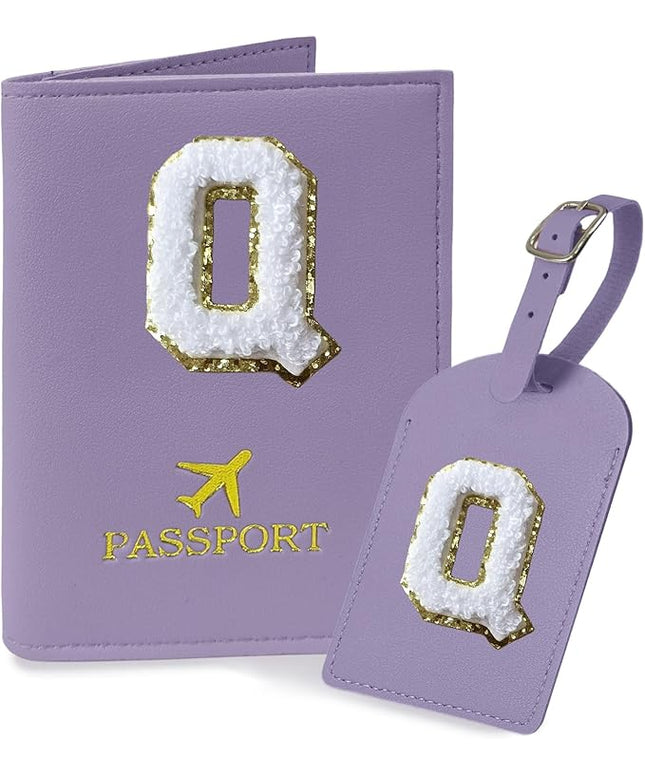 COSHAYSOO Purple Initial Passport Cover Holder and Luggage Tag Set TSA Approved with Chenille Letter Patch for Women Teenage Girls, Fashion Travel Bag Backpacks Suitcase Identifier Markers (Q)