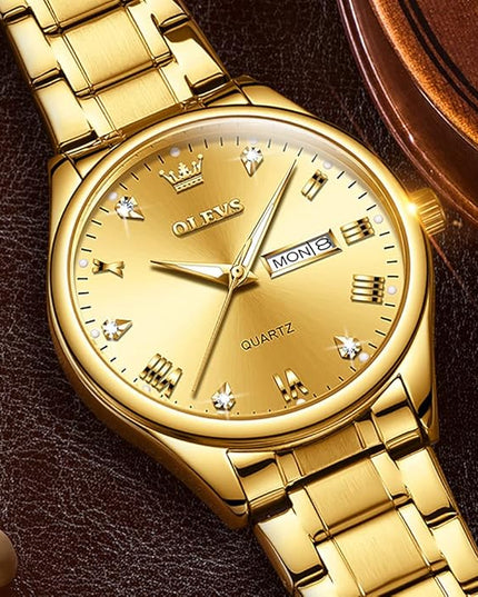 OLEVS Men's Luxury Watch Waterproof Luminous Easy Read Chronograph Watches Full Gold/White Dail/Black Face with Calendar Wristwatch