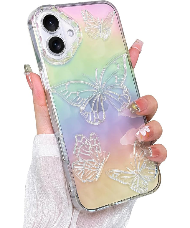 Cute Case for iPhone 16 Case for Women Girls, with 3D Butterflies Pattern Design, Aesthetic Clear Iridescent Glitter Kawaii Girly Rainbow Protective Phone Cover