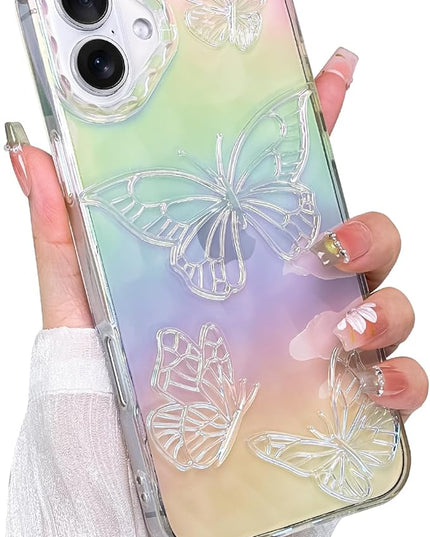 Cute Case for iPhone 16 Plus Case for Women Girls, with 3D Butterflies Pattern Design, Aesthetic Clear Iridescent Glitter Kawaii Girly Rainbow Protective Phone Cover
