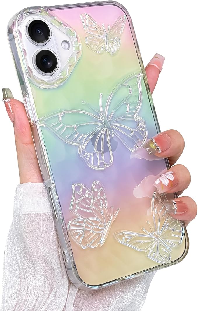 Cute Case for iPhone 16 Plus Case for Women Girls, with 3D Butterflies Pattern Design, Aesthetic Clear Iridescent Glitter Kawaii Girly Rainbow Protective Phone Cover