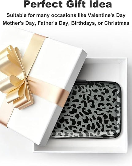 ELFISH Mini RFID Aluminum Wallet Credit Cards Holder Business Card Case Metal ID Case for Men Women(Black Leopard Print)