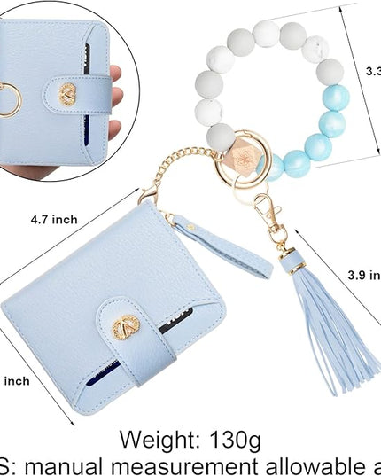 Multi-Purpose Wallet High Capacity Card Holder Zipper Coin Purse with Wristlet Bracelet Keychain Silicone Beaded Bangle Key Ring