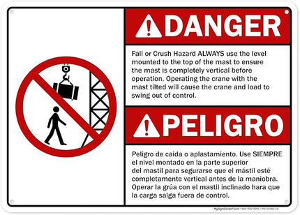 Danger Fall Or Crush Hazard Always Use The Level Mounted Bilingual Sign, 10x14 Inches, 55 mil thick HDPS (high density polystyrene), Made in USA by My Sign Center