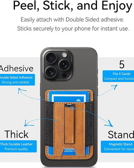 BIAJIYA Phone Wallet Sticky Back with Stand - Holds 6 Cards for iPhone & Samsung, Ultra Thin Leather & Stretch Fabric Card Holder (LiBrown)