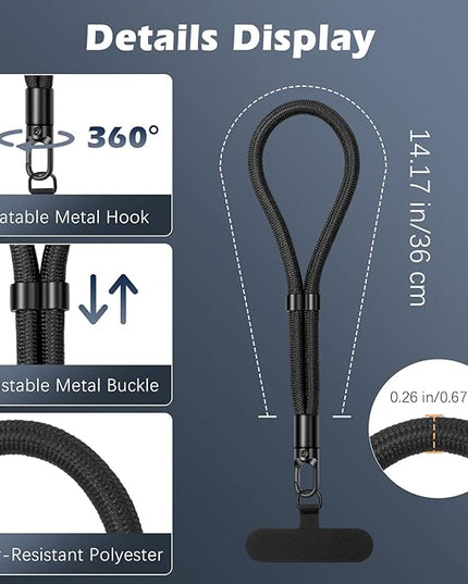 MoKo 2 Pack Phone Wrist Strap Anti-theft, Adjustable Hand Wrist Phone Lanyard with 360° Rotating Hook and Tether Tabs, Cellphone Wristlet Strap for iPhone, Most Smartphones, Black+Black