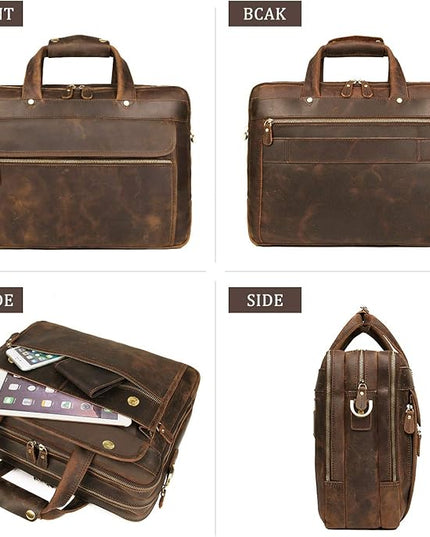 Augus Leather Briefcase for Men Business Travel Messenger Bags 15.6 Inch Laptop Bag YKK Metal Zipper, Brown