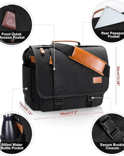 ESTARER Men Messenger Bag 15.6 inch, Water-resistant Canvas Computer Work Bag, Laptop Shoulder Bag Briefcase Satchel, Dark Grey