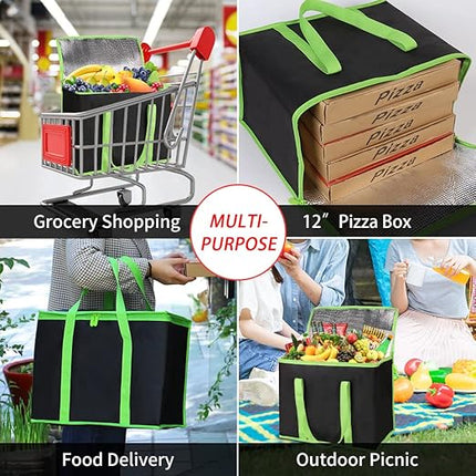 CIVJET 1-Pack Insulated Reusable Grocery Bags, X-Large Insulated Food Delivery Bag for Delivery Drivers, Commercial Food Warmer for Shopping, Tote Cooler Bags, Black with Green Edge