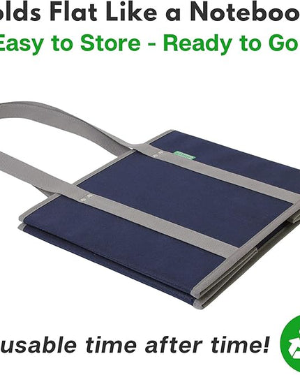 Reusable Grocery Bags (3 Pack) – Heavy Duty Reusable Shopping Bags with Box Shape to Stand Up, Stay Open, Fold Flat – Large Tote Bags are Foldable with Long Handles & Hard Bottom (Navy Blue)