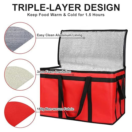 CIVJET 1-Pack Insulated Food Delivery Bag, XXX-Large Commercial Food Warmer for Delivery Drivers, Insulated Reusable Grocery Cooler/Hot Bags, Tote Bag for Shopping/Travel, Catering Bag 22x14x13, Red