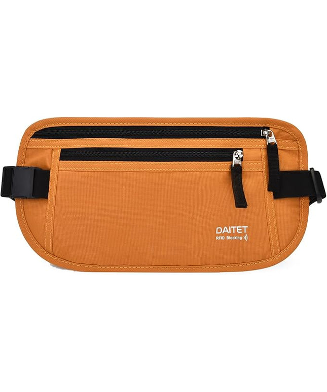 RFID Blocking Money Belt for Men Women, Slim Fanny Pack for Travel，Running,Conceal Waist Wallet for Passport Holder,Phone,Cash(Brown Orange)